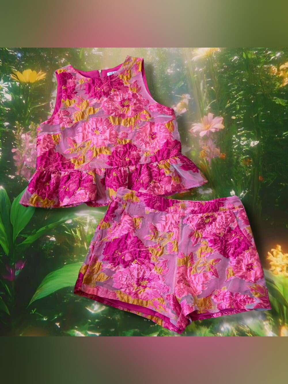 TCEC Hot Pink & Yellow Floral Peplum Top and Shorts Set